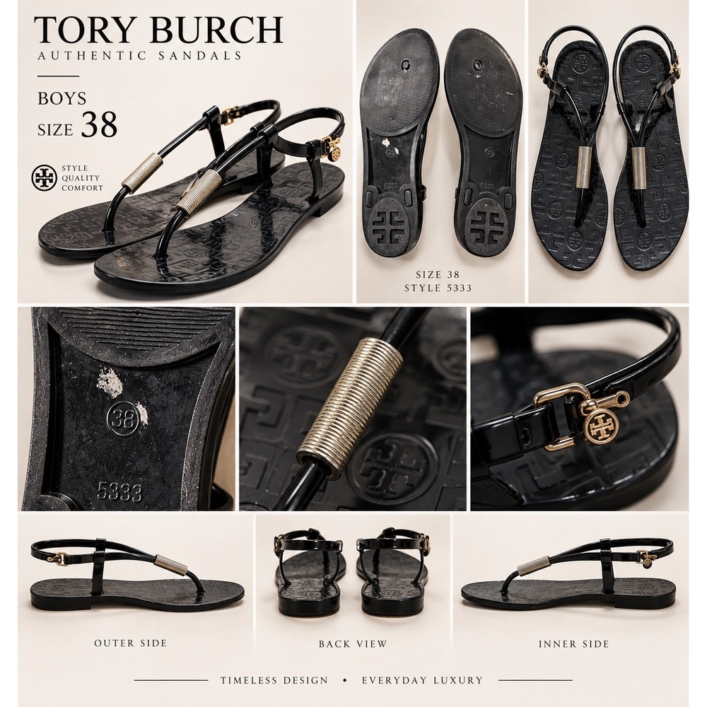 Tory Burch Boys 5333 Black Jelly Thong Sandals Logo Embossed Flat Size 38